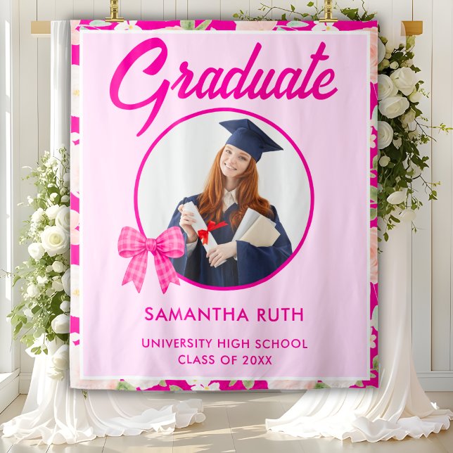 Wildflower HotPink Gingham Bow Photo Grad Backdrop Tapestry (Creator Uploaded)
