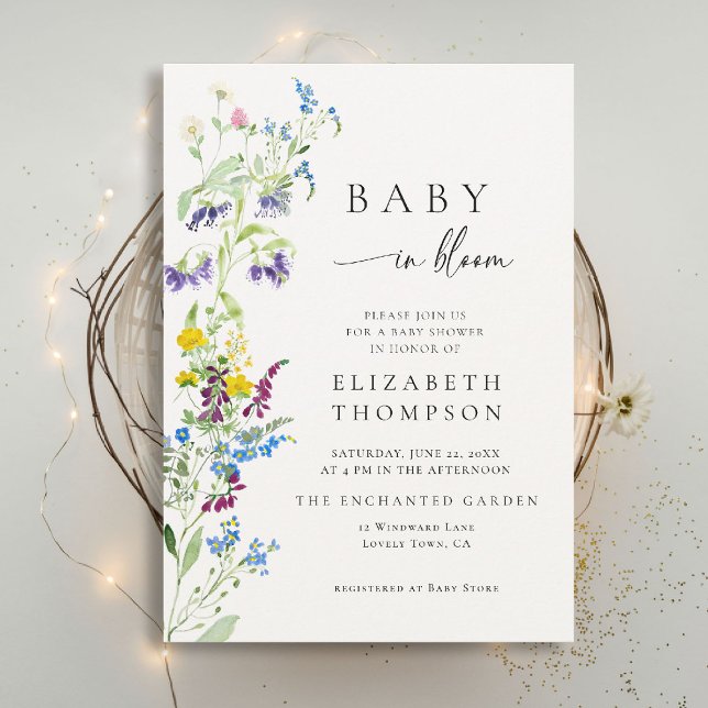 Wildflower in Bloom Elegant Watercolor Baby Shower Invitation (wildflowers baby shower invitation in bloom elegant garden party romantic watercolor calligraphy)