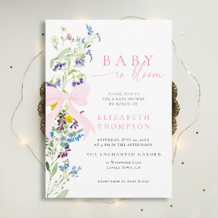 Wildflower in Bloom Garden Bow Girl Baby Shower Invitation