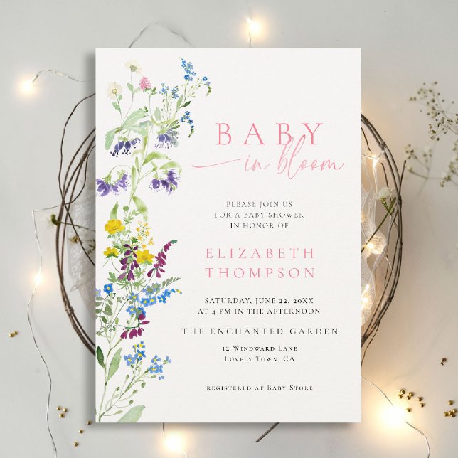 Wildflower in Bloom Garden Party Girl Baby Shower Invitation (wildflowers baby shower invitation in bloom elegant pink garden party romantic watercolor calligraph)