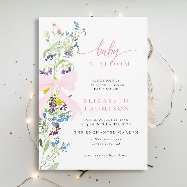 Wildflower in Bloom Pink Bow Girl Baby Shower Invitation (wildflowers baby shower invitation in bloom elegant pink bow garden party watercolor modern)