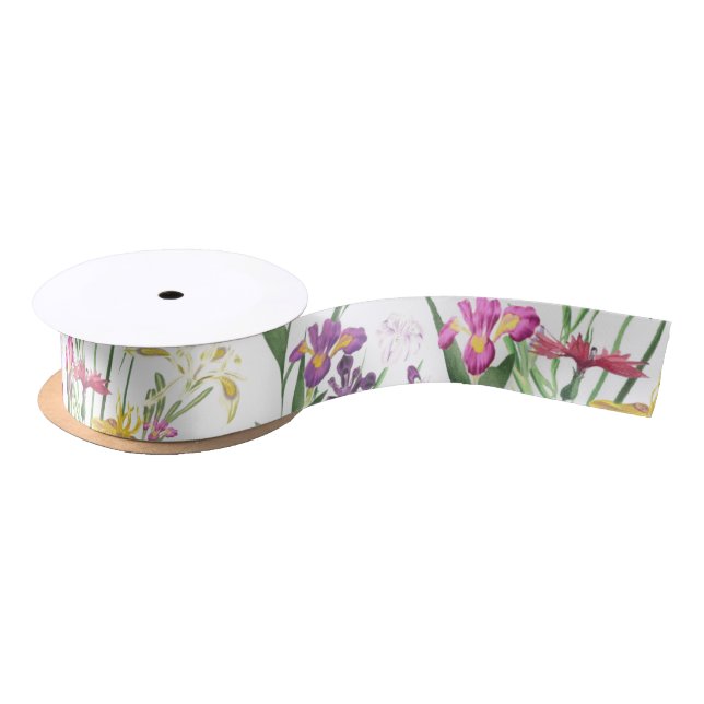 Wildflower Iris Garden Floral Pink Yellow Favour Satin Ribbon (Spool)