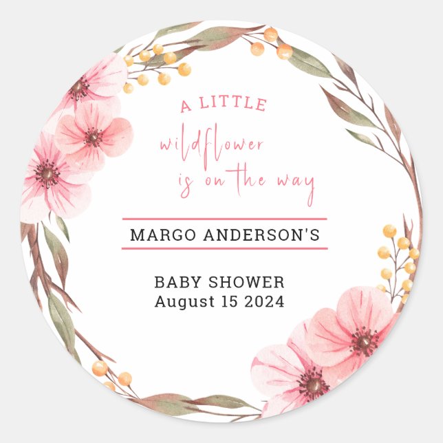 Wildflower Is On The Way Pink Baby Shower Classic Round Sticker (Front)