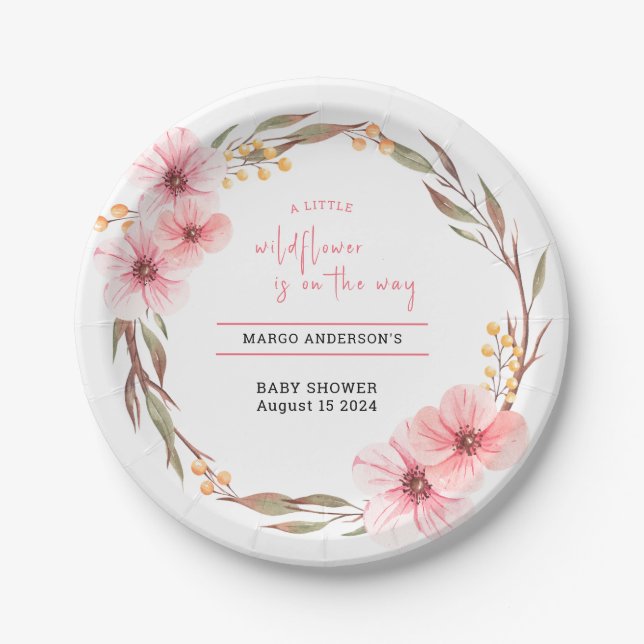 Wildflower Is On The Way Pink Baby Shower Paper Plate (Front)