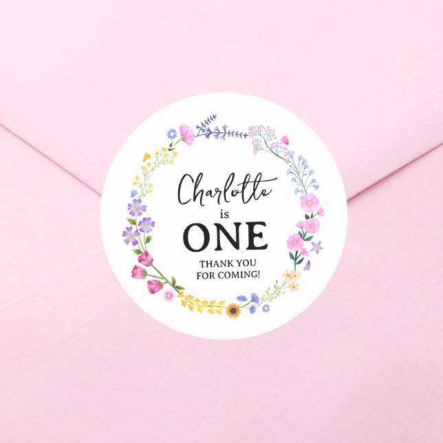 Wildflower is One First Birthday Classic Round Sticker (Wildflower is One First Birthday Classic Round Sticker)