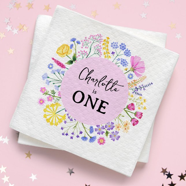Wildflower Is One Girl's First Birthday Floral Napkin (Spring Wildflowers Wreath Girl's First Birthday Napkins)