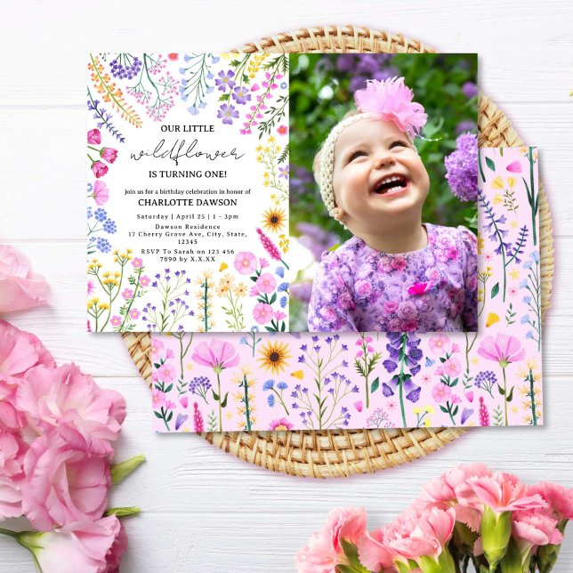 Wildflower is Turning One First Birthday Photo Invitation (Wildflower is Turning One First Birthday Photo Invitation)