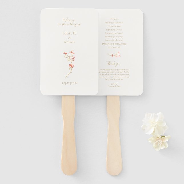 Wildflower Ivory Folded Card Wedding Program Hand Fan (Front and Back)
