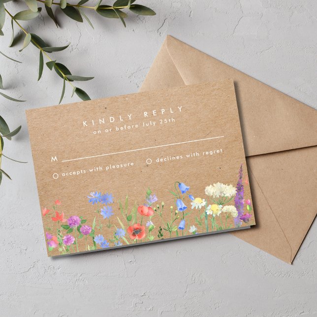 Wildflower Kraft Paper Rustic Wedding RSVP  Card (Wildflower Kraft Paper Rustic Wedding RSVP)