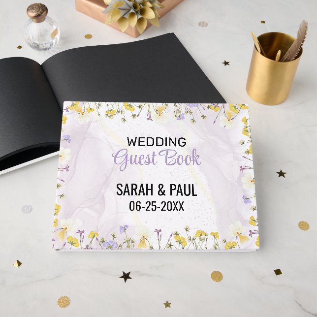 Wildflower Lavender And Yellow Floral Wedding Guest Book (Front Open)