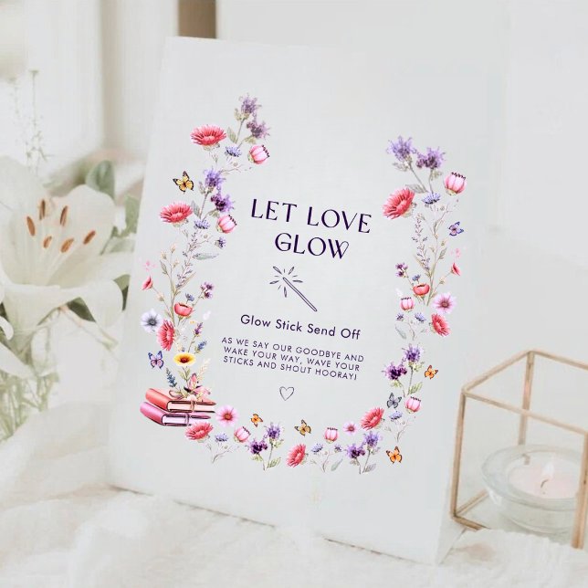 Wildflower Lavender Let Love Glow Bridal Shower Pedestal Sign (Romantic wildflower “Let Love Glow” sign for an elegant bridal shower.)