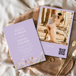 Wildflower Lavender Purple QR Code Photo Wedding  Invitation