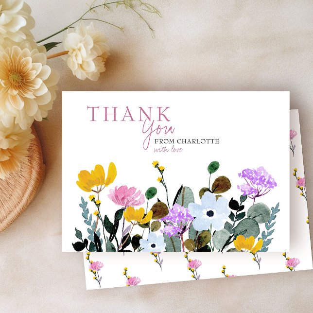 Wildflower Lawn Personalised White Thank You Card (Thank You cards from my Wildflower Lawn Baby Shower Collection)