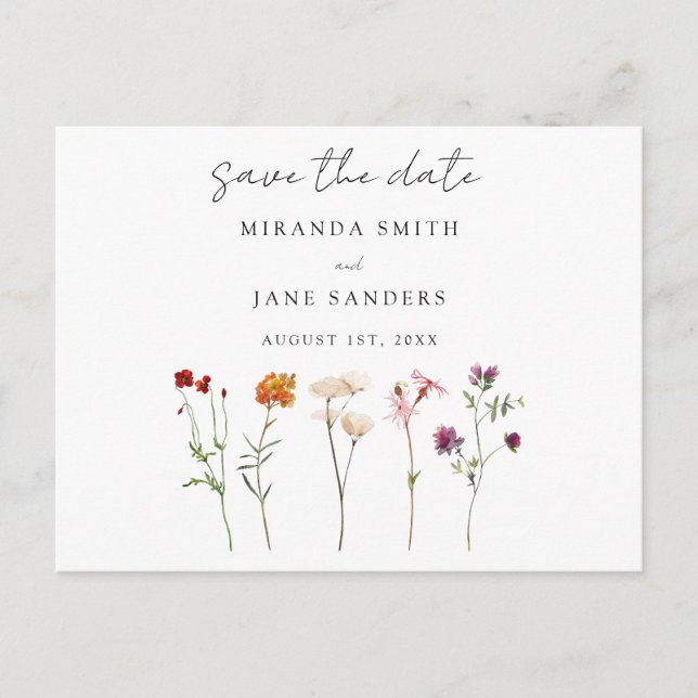 Wildflower Lesbian Pride Floral Save the Date  Invitation Postcard (Front)