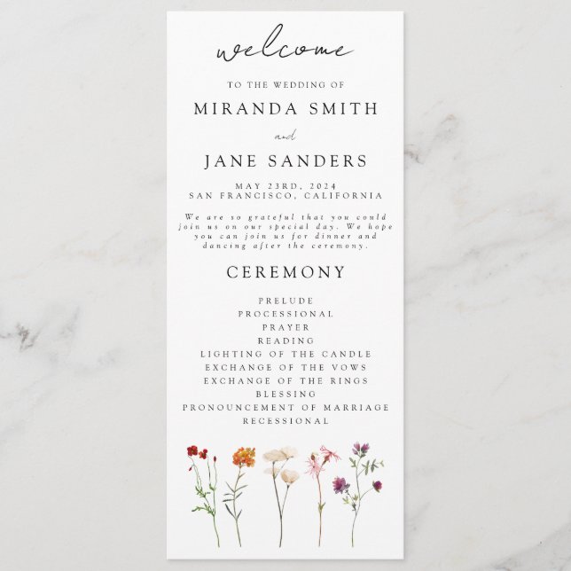 Wildflower Lesbian Pride Floral Wedding Programme (Front)