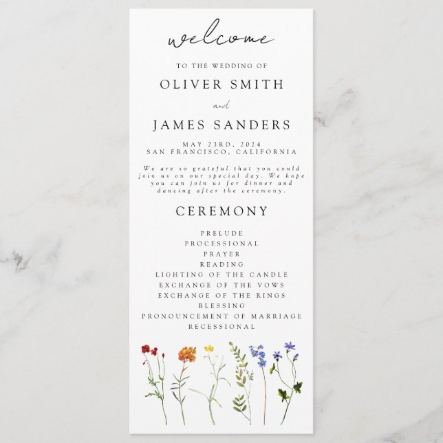 Wildflower LGBTQ Gay Pride Floral Wedding Programme (Front)