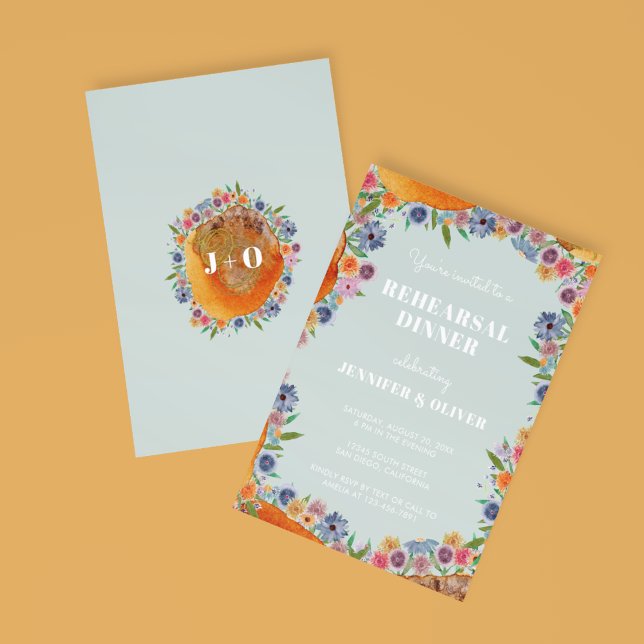 Wildflower Light Blue Boho Chic Rehearsal Dinner Invitation (Front/Back)