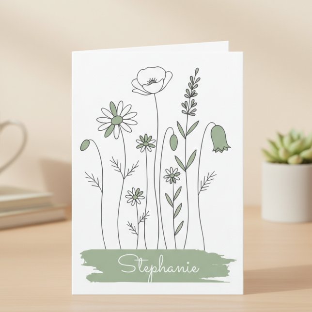 Wildflower Line Art Minimalist Note Card (Simple line art wildflower personalized notecard)