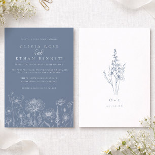 Wildflower Line Art Periwinkle Wedding  Invitation