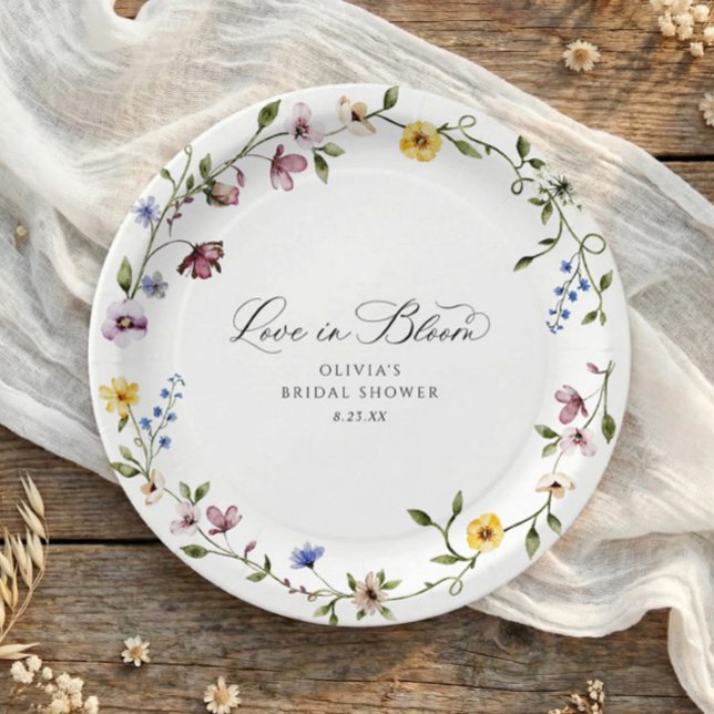 Wildflower Love in Bloom Floral Bridal Shower Paper Plate (Personalized bridal shower paper plates with love is in bloom script and watercolor wildflowers)