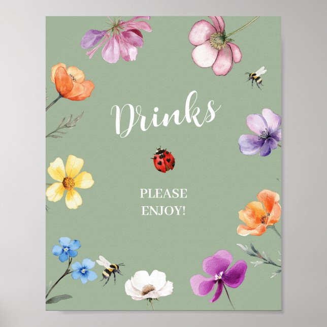 Wildflower Lovebug Baby Shower Drinks Party Sign (Front)