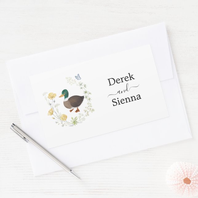 Wildflower Mallard Duck Wedding Rectangular Sticker (Envelope)