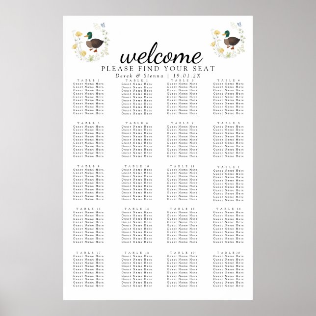 Wildflower Mallard Duck Wedding Seating Poster (Front)