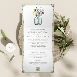 Wildflower Mason Jar All in One QR Code Wedding Tri-Fold Invitation