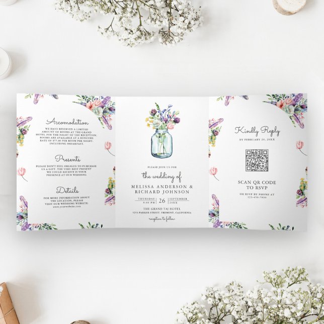 Wildflower Mason Jar All in One QR Code Wedding Tri-Fold Invitation (Creator Uploaded)