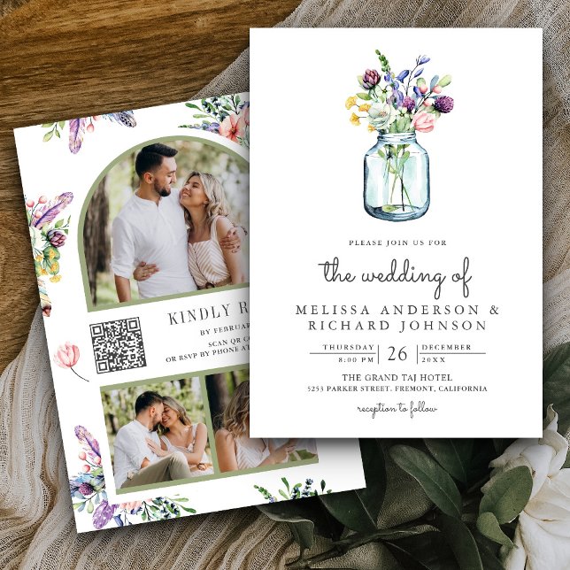Wildflower Mason Jar Photo Collage QR Code Wedding Invitation (Creator Uploaded)