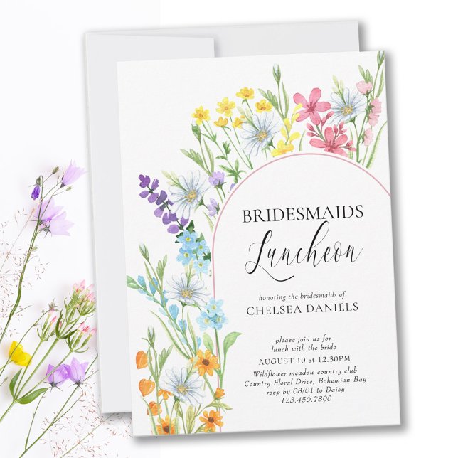 Wildflower Meadow Arch Bridesmaids Luncheon Invitation (Delicate, feminine and colorful with country meadow flowers and elegant calligraphy)