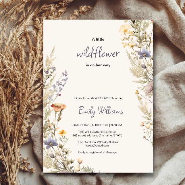 Wildflower meadow boho baby shower invitation  (A little wildflower elegant rustic boho watercolor baby shower invitation, baby in bloom)