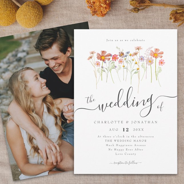 Wildflower Meadow Boho Elegant Script Photo Invitation (Wildflower meadow boho floral photo Wedding invitation elegant script watercolor fall colors)