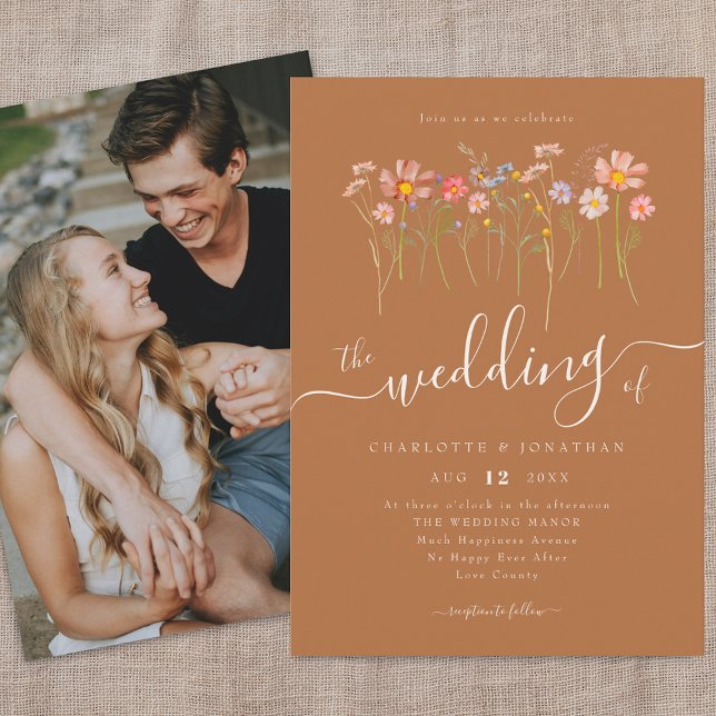 Wildflower Meadow Boho Photo Brown Sugar Beige Invitation (Wildflower meadow fall florals photo brown sugar beige burnt orange wedding invitation)