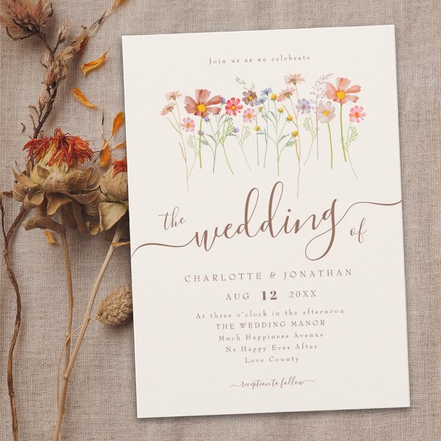 Wildflower Meadow Boho Script Beige Terracotta Invitation (Wildflower meadow fall wedding invitation whimsical elegant modern script watercolor florals)