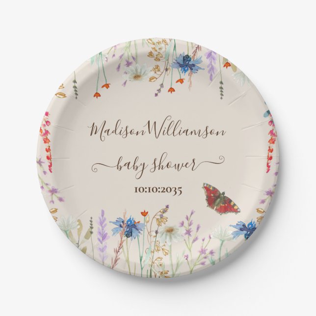 Wildflower Meadow Butterfly Baby Shower  Paper Plate (Front)