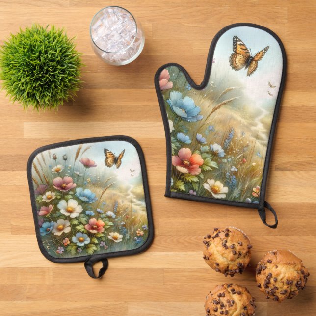 Wildflower Meadow Butterfly Garden Oven Mitt & Pot Holder Set (Top Down)