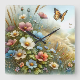 Wildflower Meadow Butterfly Garden Square Wall Clock