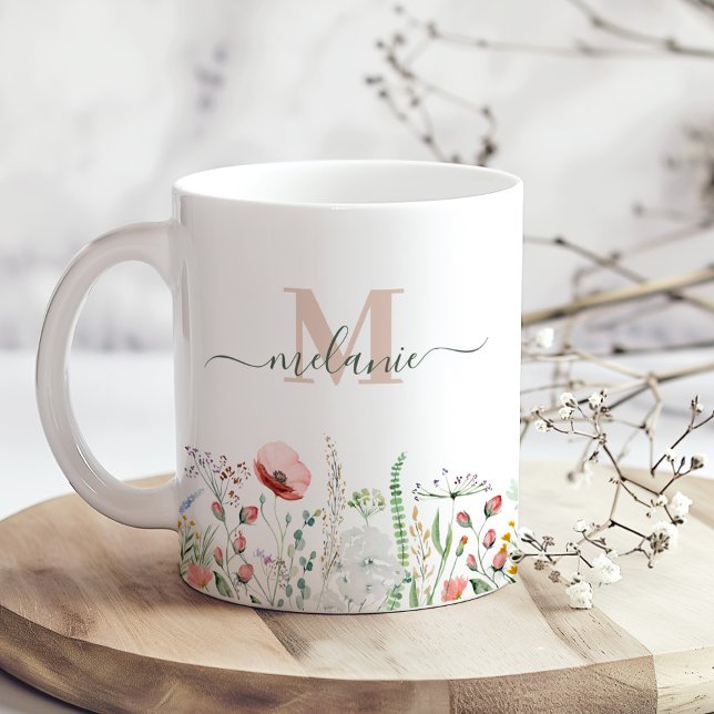 Wildflower Meadow Custom Name Monogram Coffee Mug (Wildflower Meadow Custom Name Monogram Coffee Mug on a sunny boho wooden kitchen table.)