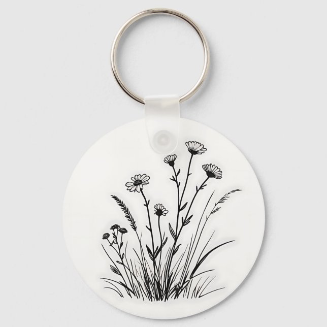 Wildflower Meadow Daisies Line Art Key Ring (Front)
