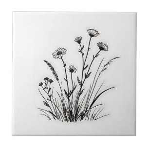 Wildflower Meadow Daisies Line Art Tile