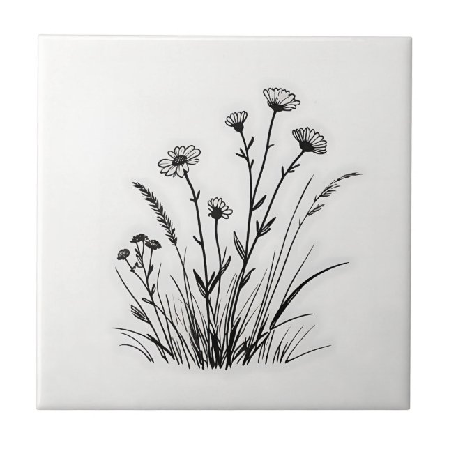 Wildflower Meadow Daisies Line Art Tile (Front)