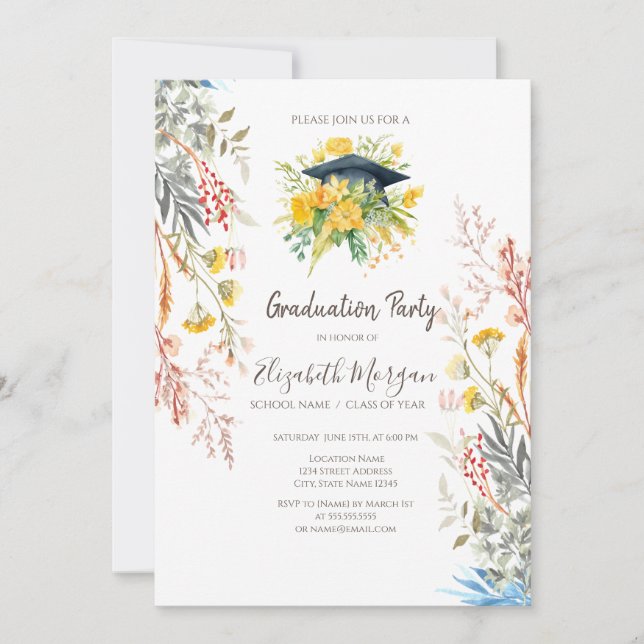 Wildflower Meadow Dried Grad Cap Graduation Invitation (Front)