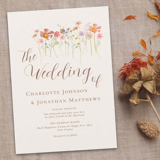 Wildflower Meadow Elegant Script Beige Terracotta Invitation (Colorful Wildflower boho floral elegant script Wedding invitation Watercolor flowers fall colors)