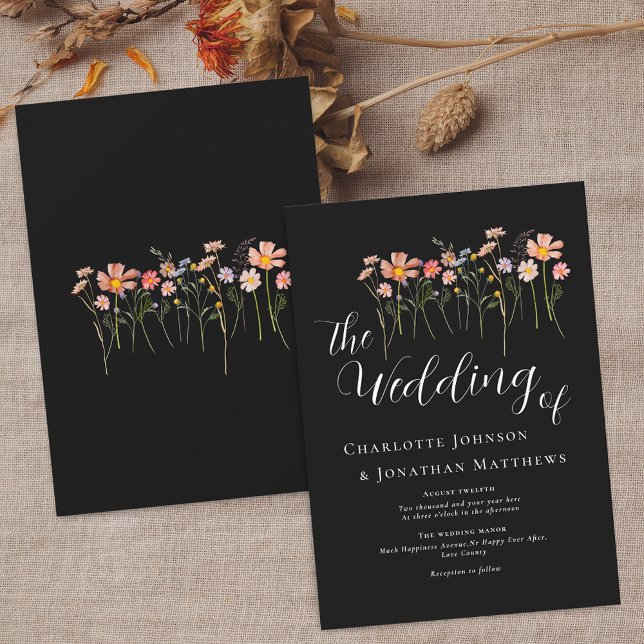 Wildflower Meadow Elegant Script Black & White Invitation (Wildflower meadow fall floral black and white Wedding invitation Elegant script watercolor flowers)