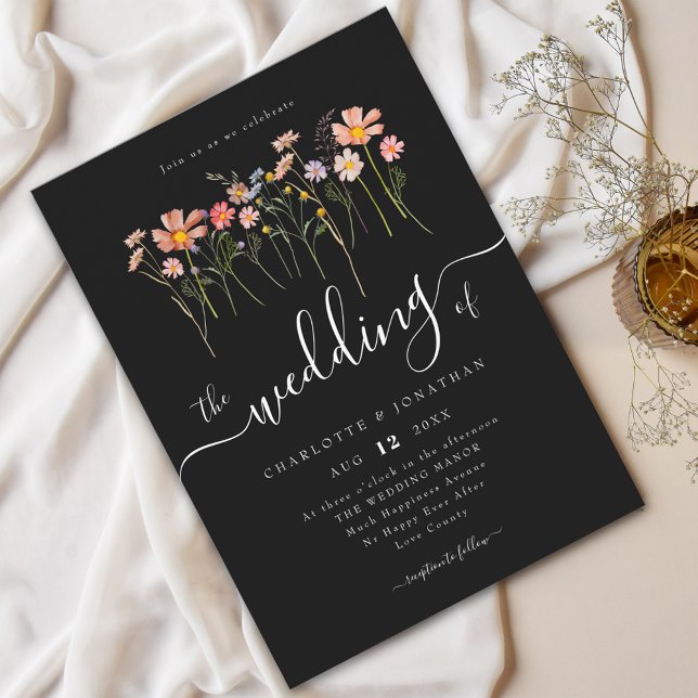 Wildflower Meadow Elegant Script Black & White Invitation (Wildflower meadow boho floral black and white Wedding invitation Modern elegant script fall colors)