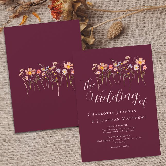 Wildflower Meadow Elegant Script Burgundy & Blush Invitation (Wildflower meadow boho floral burgundy terracotta blush pink fall Wedding invitation Elegant script)