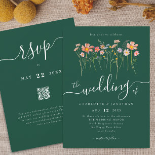 Wildflower Meadow Elegant Script Green QR Code Invitation