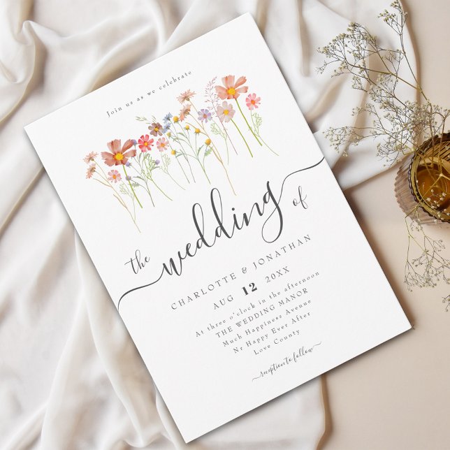 Wildflower Meadow Elegant Script Invitation (Boho wildflower meadow elegant script wedding invitation Watercolor flowers fall colors)