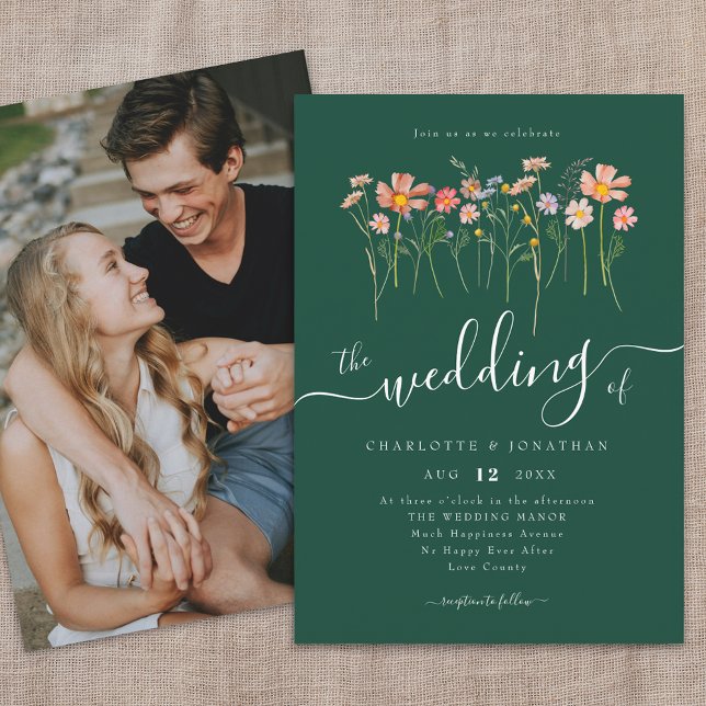 Wildflower Meadow Elegant Script Photo Dark Green Invitation (Wildflower meadow fall florals photo dark green wedding invitation Whimsical boho script watercolor)